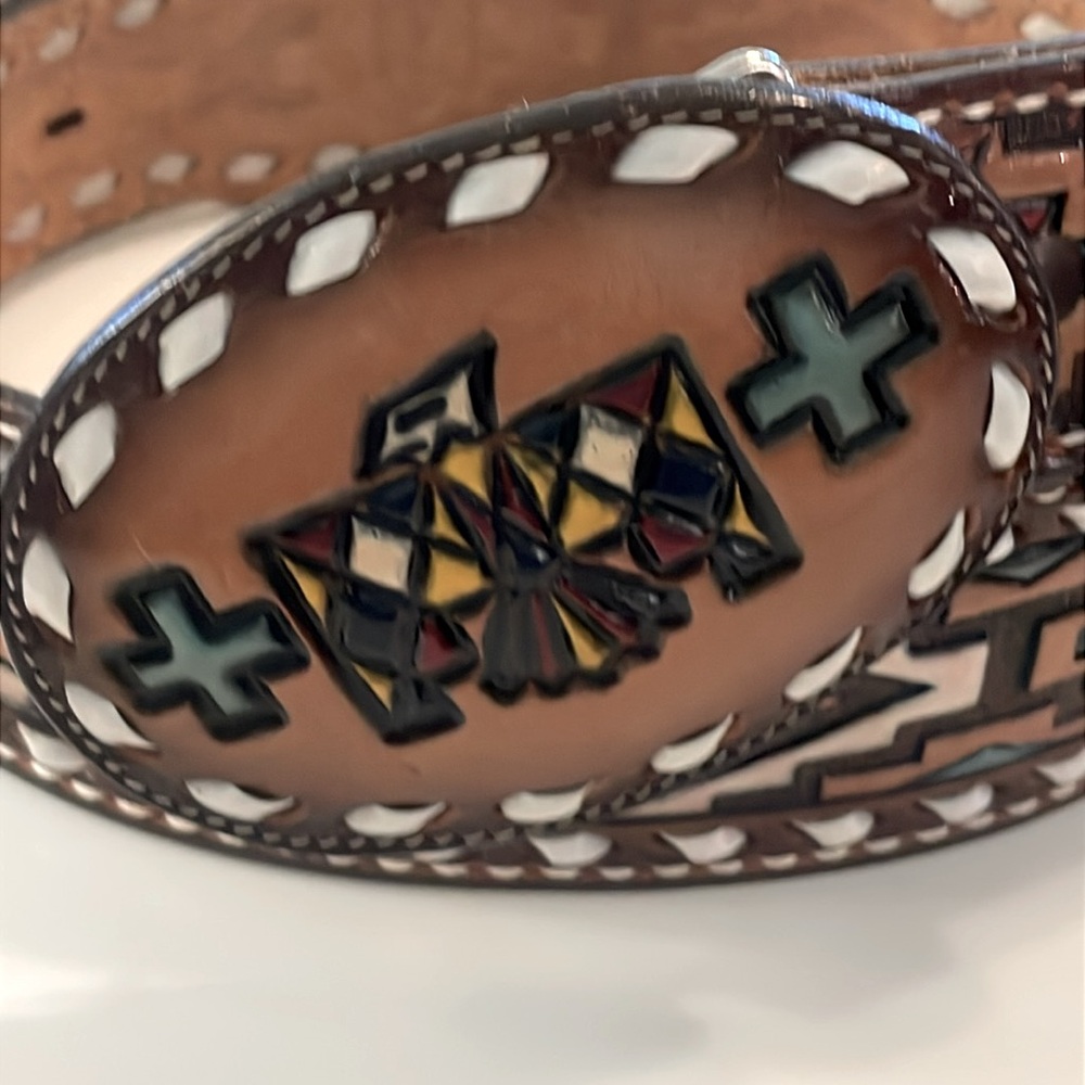 Vintage Tony Lama Rare Men's Western Belt Intricate Tooled Pattern Buckle - Picture 2 of 16